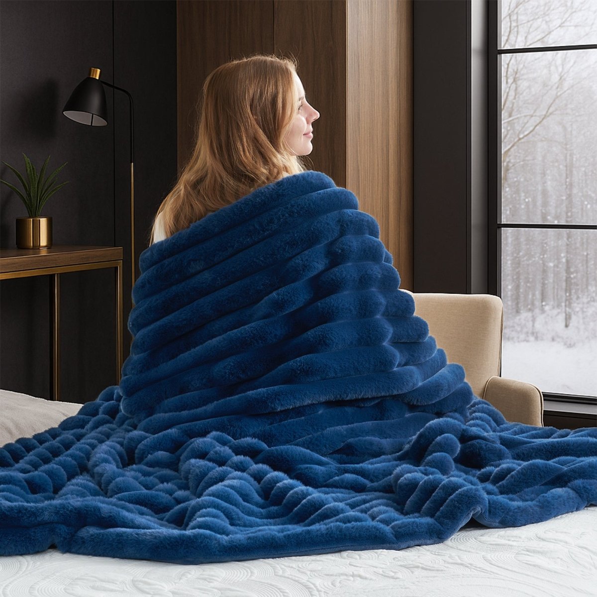 Woman wrapped in a fluffy navy blue striped faux fur throw blanket in a cozy room. #color_Navy Blue