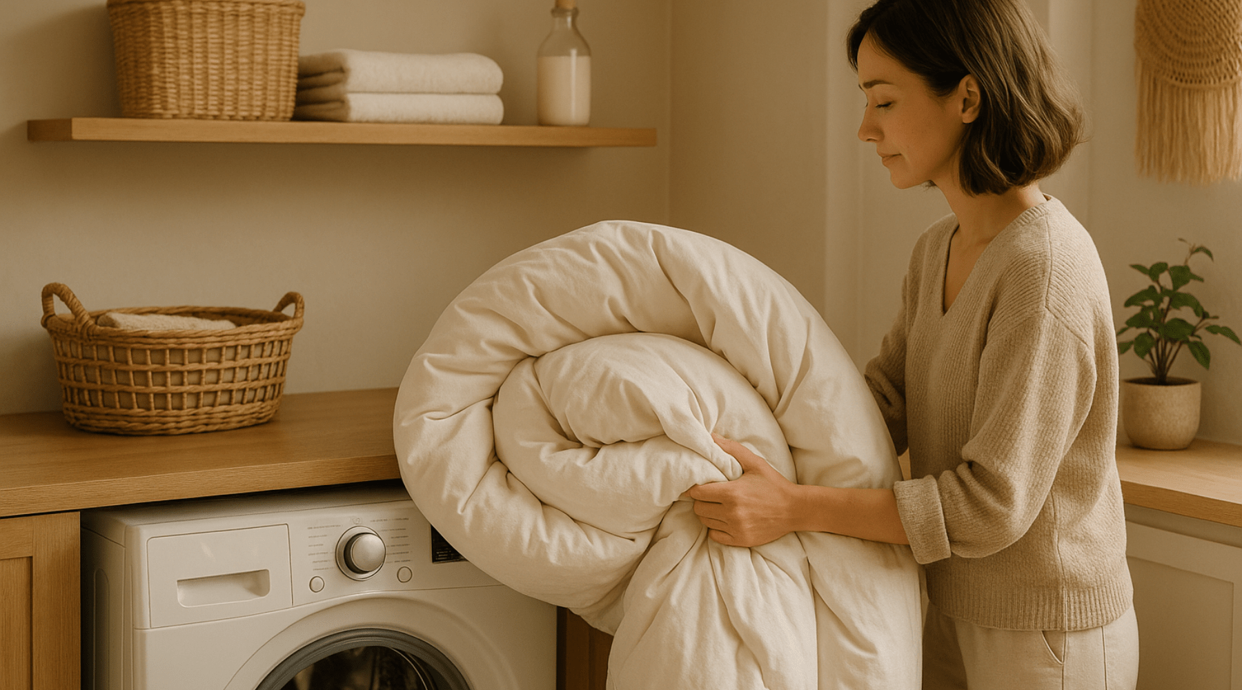 A woman puts a large, off-white comforter into a washing machine.