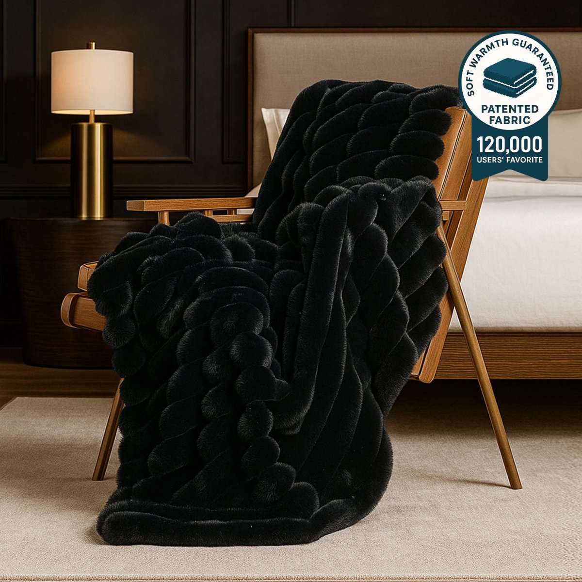 Ultra Chunky Striped Faux Fur Throw Blanket in black front view. #color_Black
