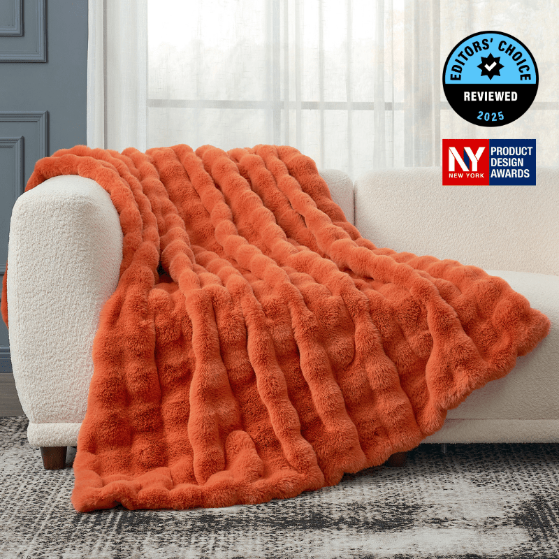 Cozy Bliss Luxurious Bubble Faux Fur Throw Blanket in orange front view. #Color_Burnt Orange