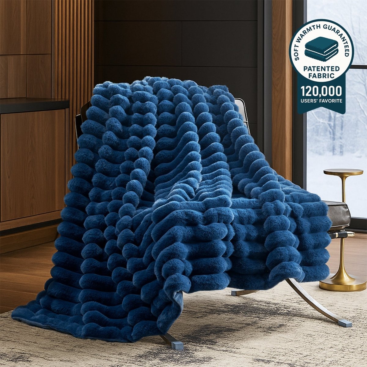 Ultra Chunky Striped Faux Fur Throw Blanket in navy blue front view. #color_Navy Blue