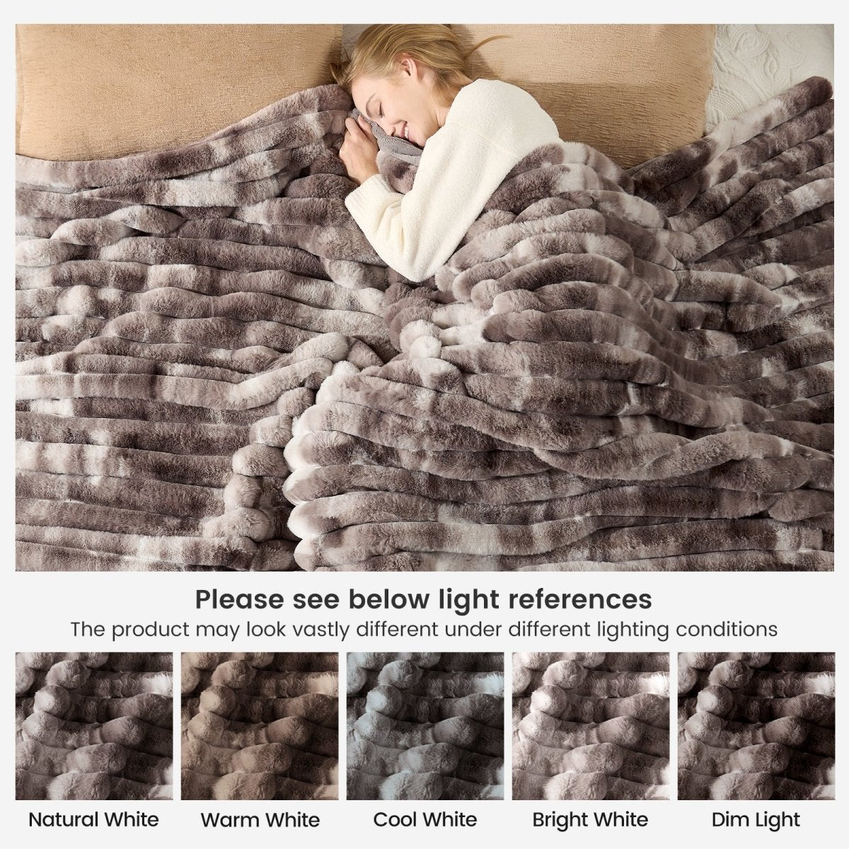 Woman wrapped in a fluffy taupe blanket with light reference options below. #color_Tie-dye Taupe