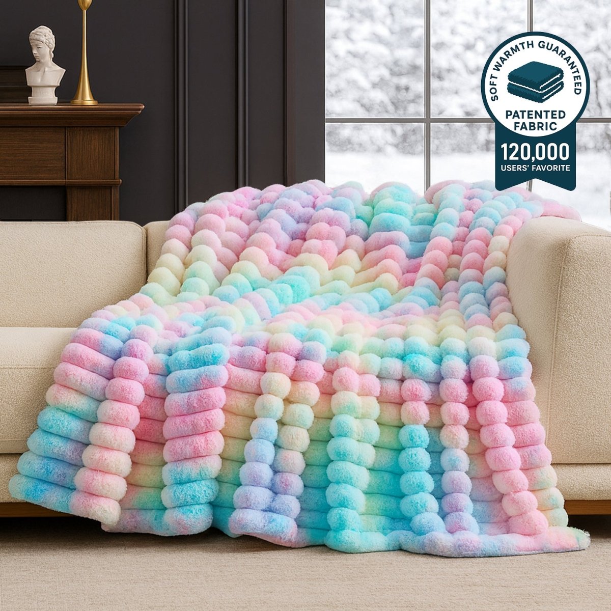 Cozy Bliss Ultra Chunky Striped Faux Fur Throw Blanket in tie-dye rainbow front view. #color_Tie-dye Rainbow