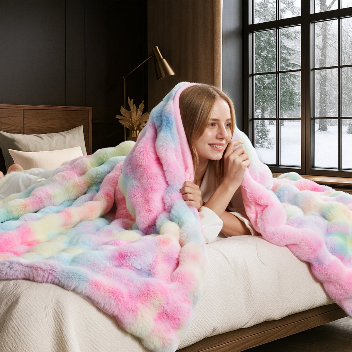 Woman wrapped in a fluffy tie-dye rainbow faux fur blanket on a bed. #color_Tie-dye Rainbow