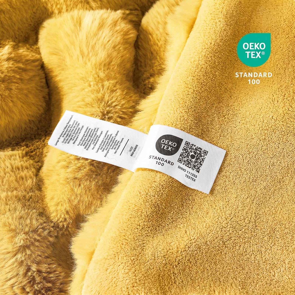 Close-up of OEKO-TEX certified faux fur yellow blanket fabric #color_Yellow