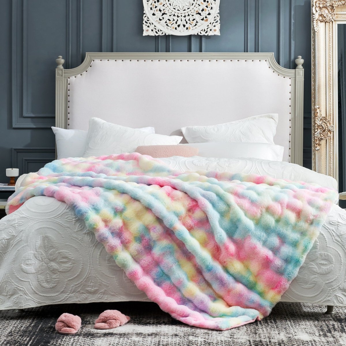 Cozy Bliss tie-dye rainbow faux fur throw blanket on bed, a soft and cozy blanket #color_Tie-dye Rainbow