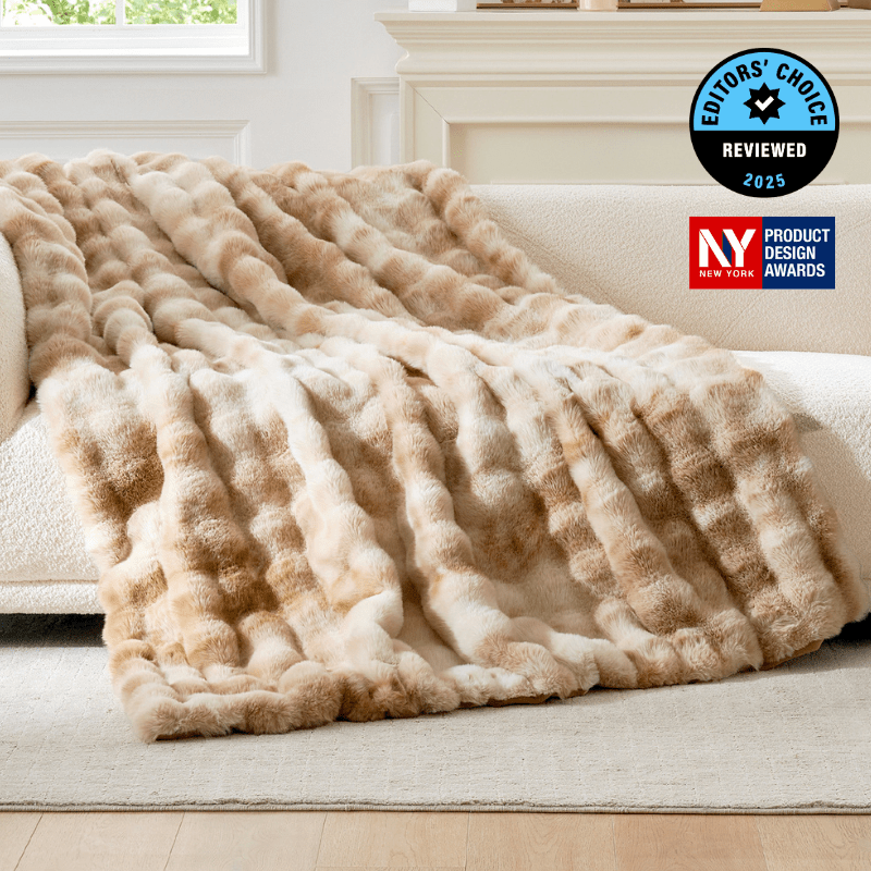 Cozy Bliss Luxurious Bubble Faux Fur Throw Blanket in tie-dye beige front view. #Color_Tie-dye Beige