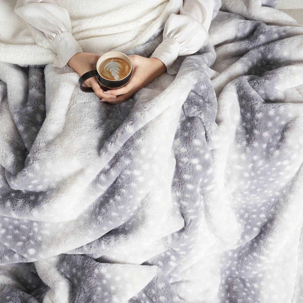Cozy Bliss deer print blanket, relaxing with coffee, cozy bedding  #color_Silver Sherpa Deer
