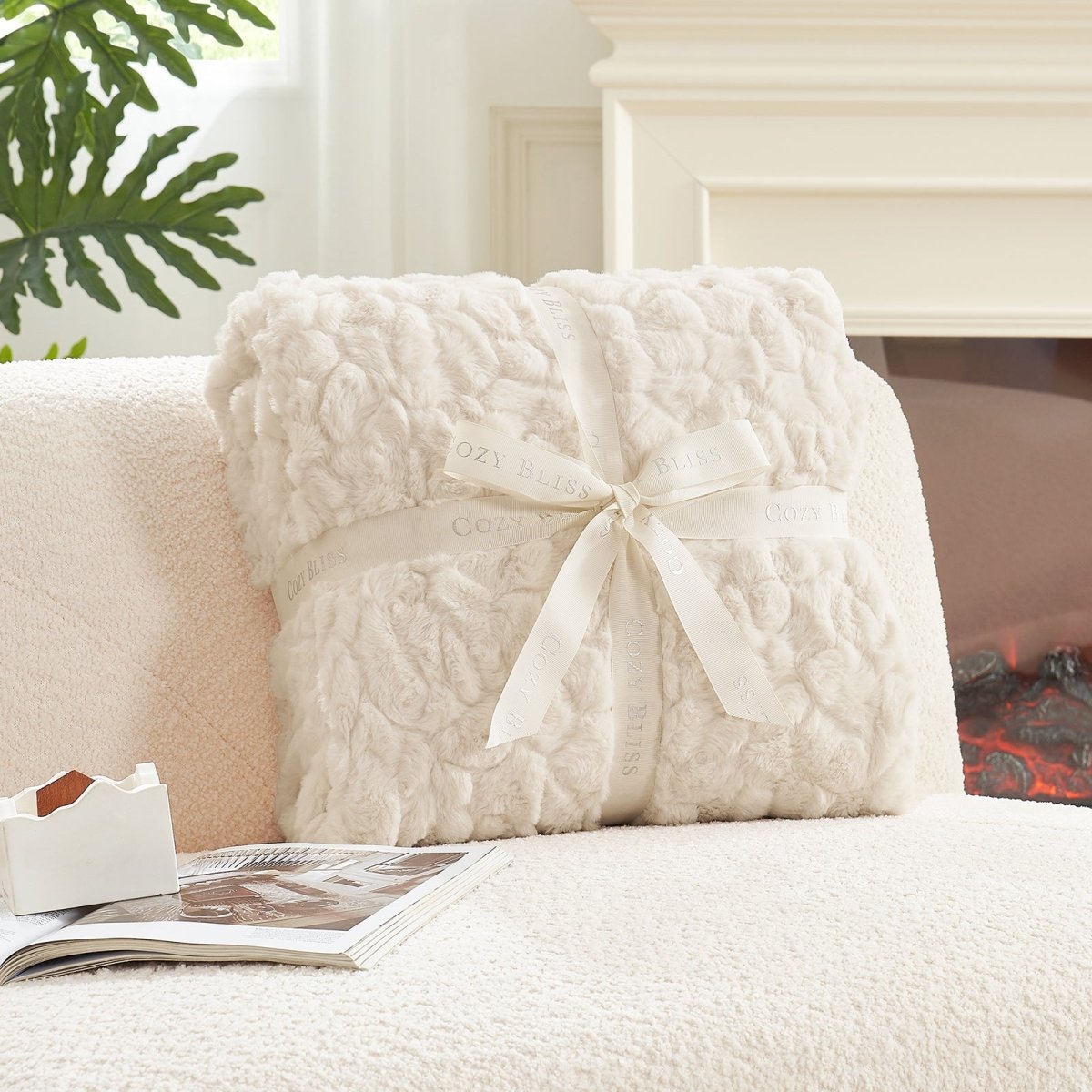 Gift-ready Cozy Bliss premium faux fur throw blanket wrapped with signature ribbon #color_Cream White