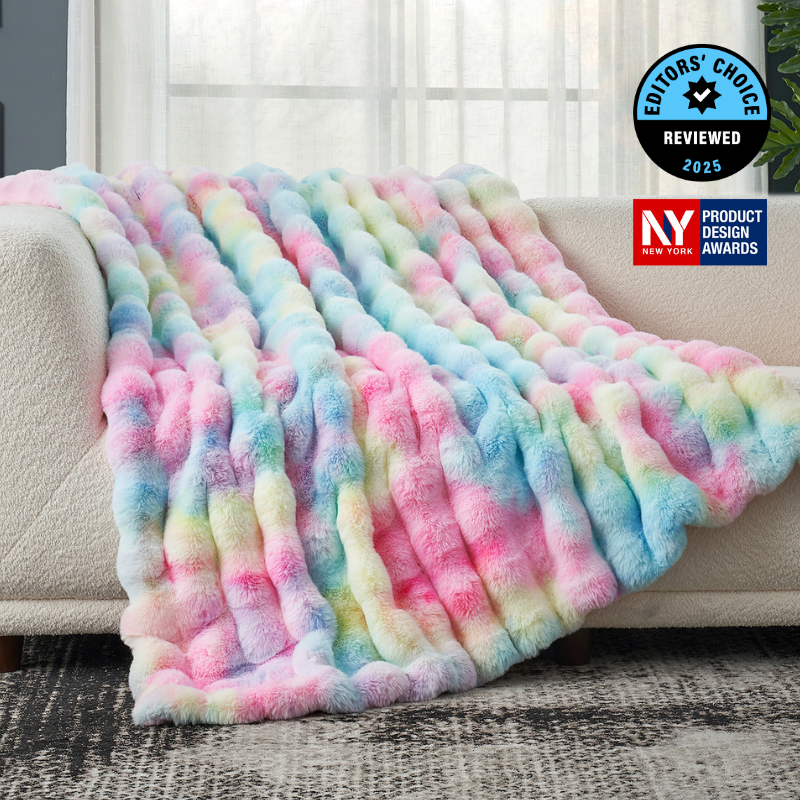Cozy Bliss Luxurious Bubble Faux Fur Throw Blanket in tie-dye rainbow front view #color_Tie-dye Rainbow
