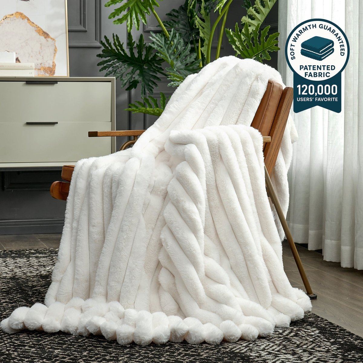 Ultra Chunky Striped Faux Fur Throw Blanket in white front view #color_Cream White